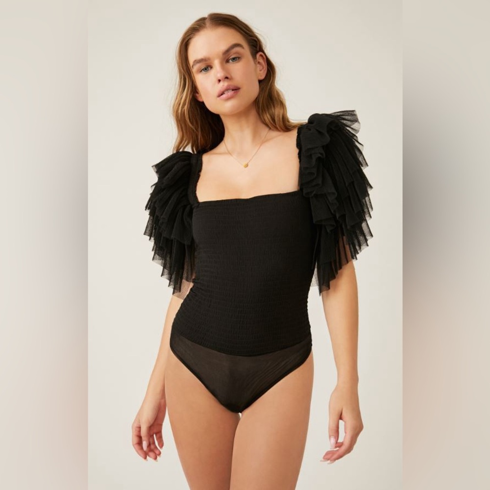 Free People Black Ruffle Sleeve Bodysuit